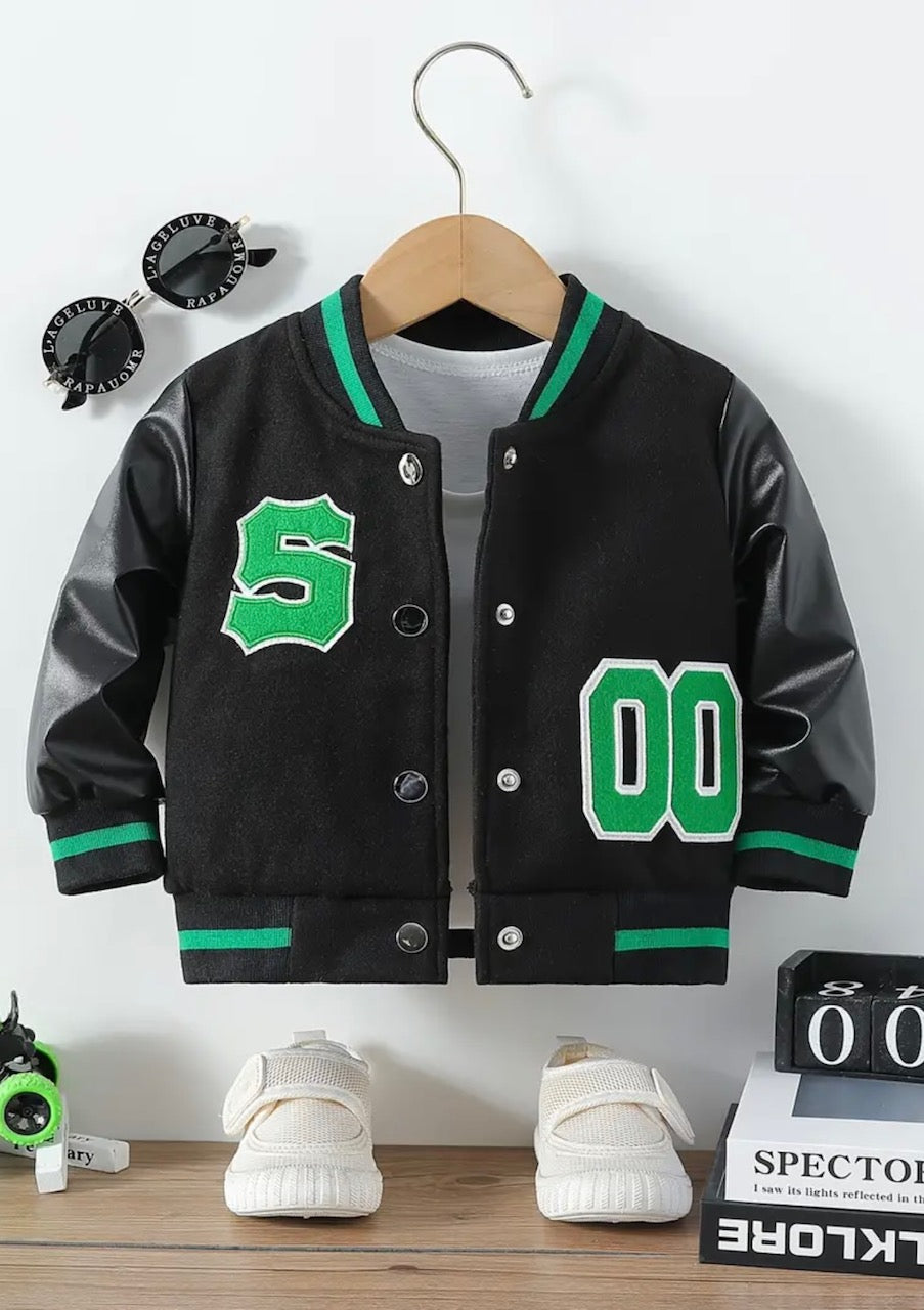 Jacket for boys 2-3 years old made of black artificial leather with green letter