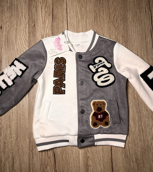 Stylish jacket for boys 2–3 years old, gray and white, bear print, new with tags